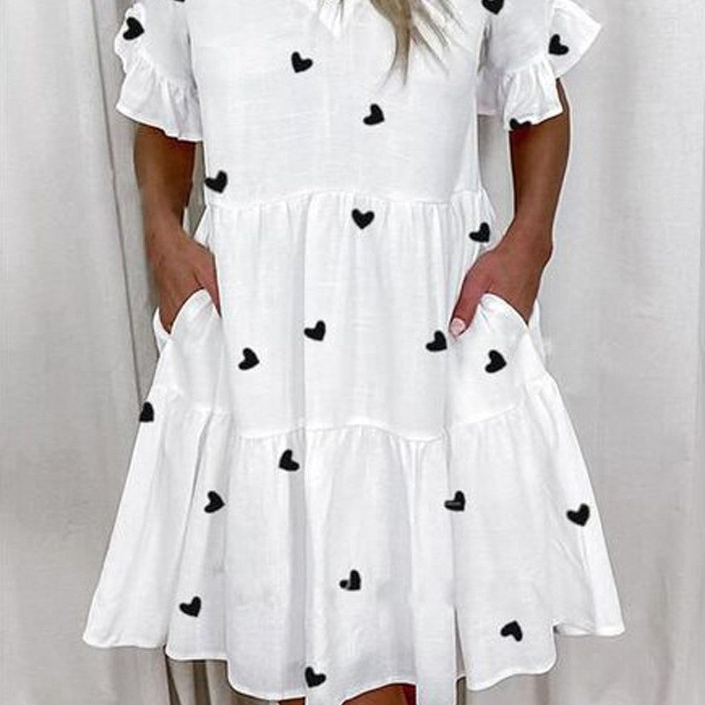 Fashion Printed Ruffle Pocket Short Dress