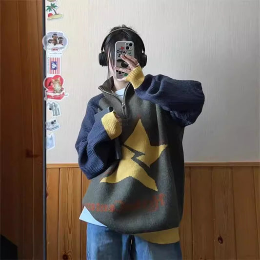 XINGX Jacquard Casual Contrast Color Loose Sweater