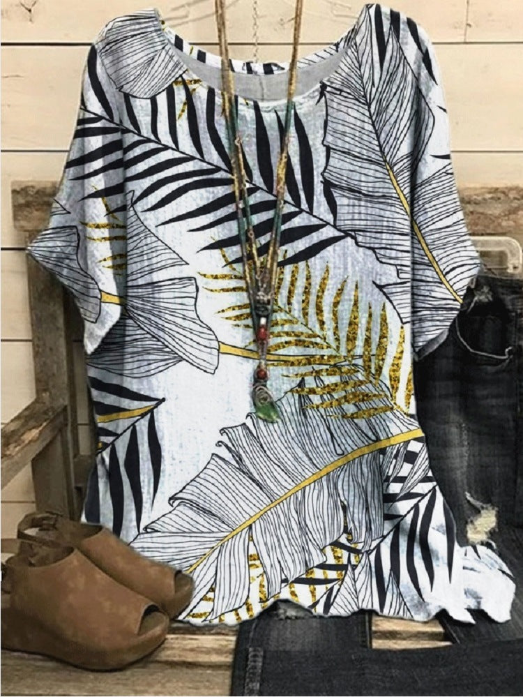 New Casual Loose Printed Crew Neck Top