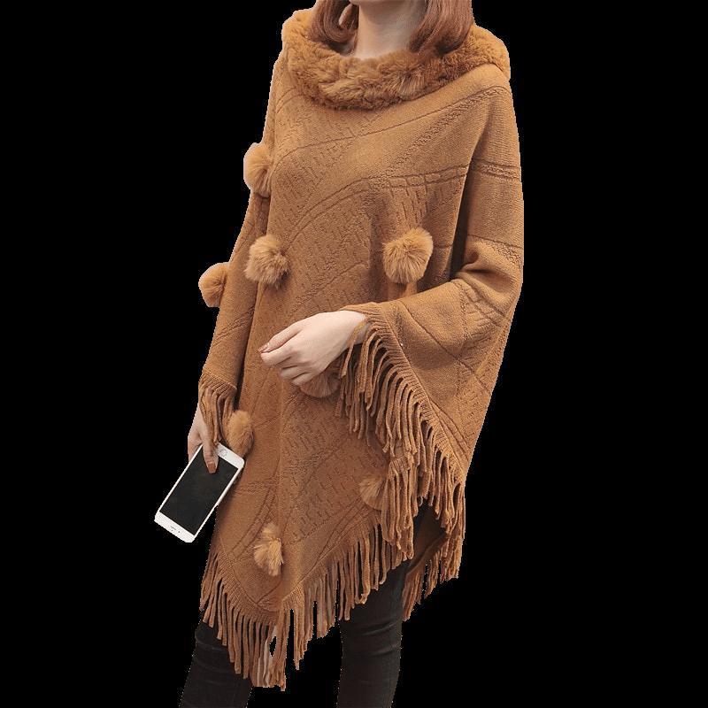 Loose Outer Wear Fur Collar Bat Shirt With Hand-woven Tassels