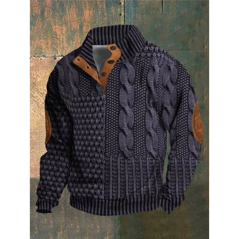 Digital Printing Stand Collar Men's Street Trend Buckle Polo Sweater 3D