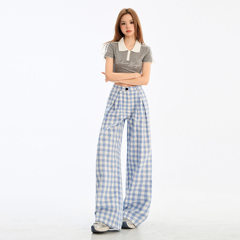 Blue Plaid Womens Loose-fitting Straight-leg Casual Pants