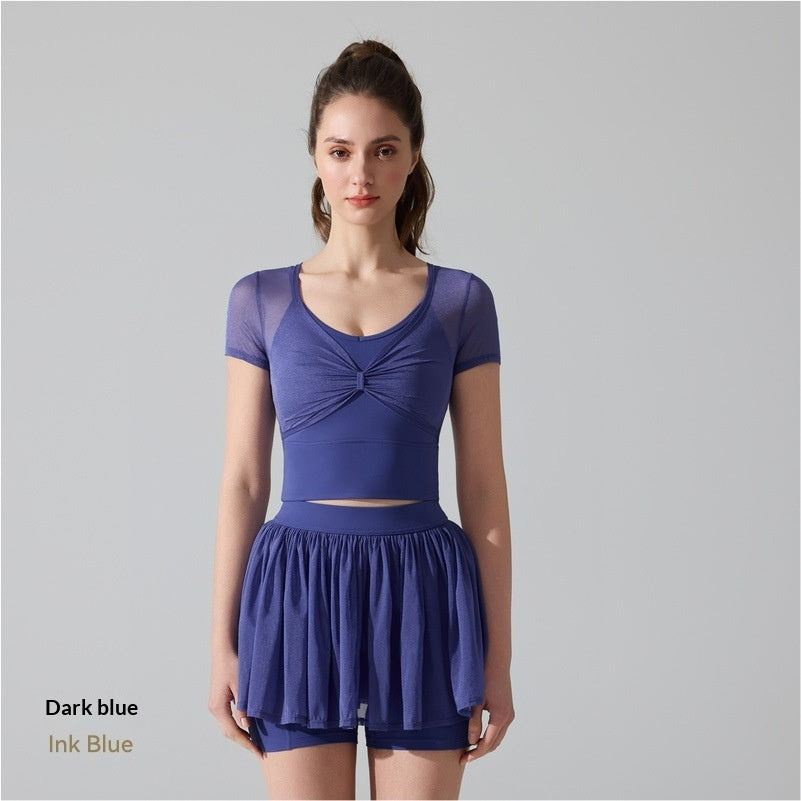 High-Density Mesh Yoga Set TennisBadmintonFitness Sports Skirt RunningPilates Short-Sleeve Top