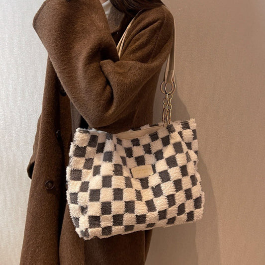 Large Capacity Plush Bag Women's New Plaid Shoulder