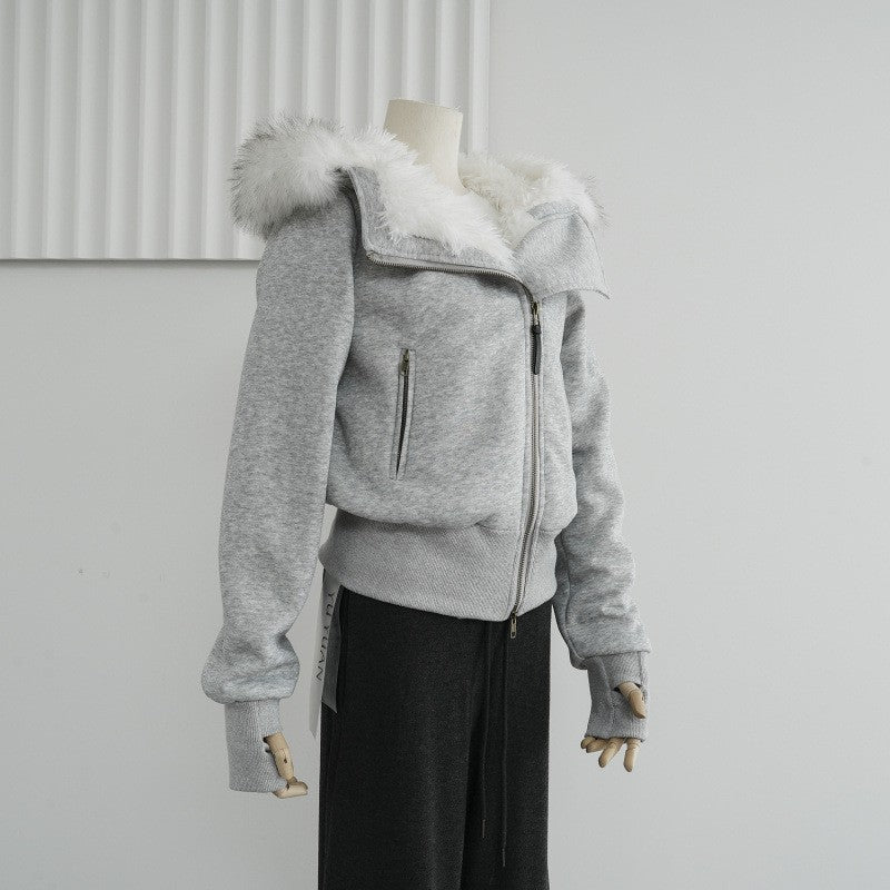 Hooded Fur Collar Twill Plush Liner Cotton Coat Jacket