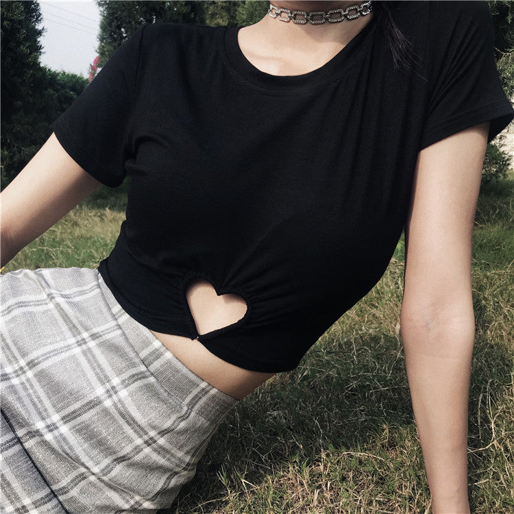 Crew Neck Skinny Short Sleeves Heart Ring Gathering