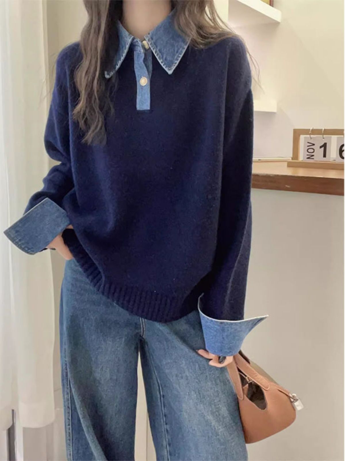 Women's Denim Sleeve Stitching Fake Two Pieces Sweaters Coat New Loose