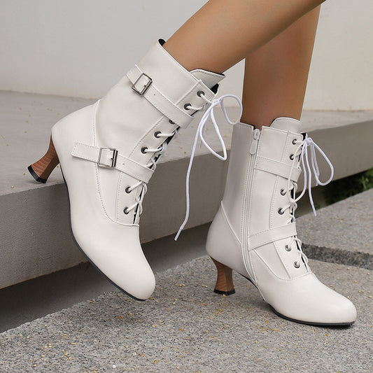 Comfortable Mid Heel Burnt Flower 40-50 Plus Size All-match Lace-up Low Tube Women's Boots