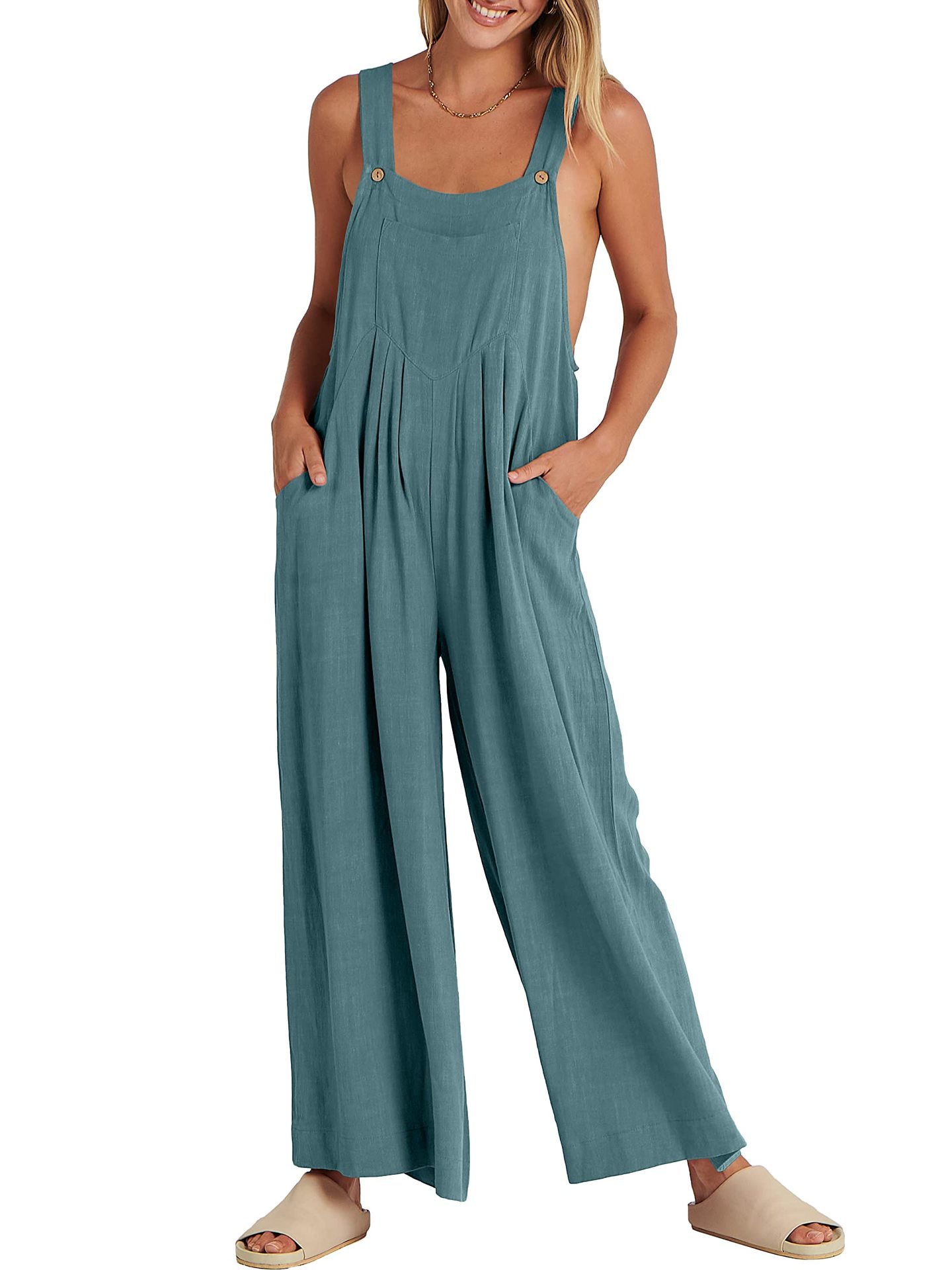 Women's Solid Color Loose Casual Cotton And Linen Suspender Jumpsuit
