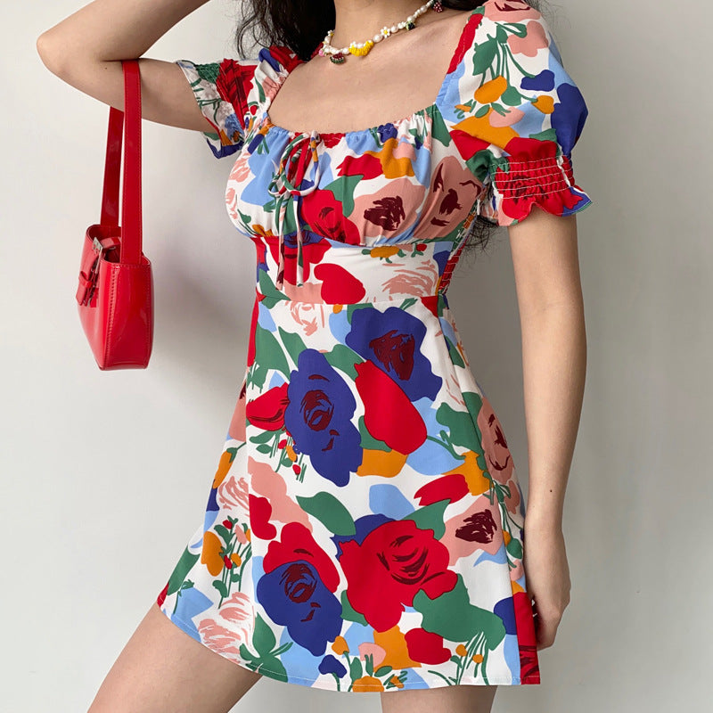 Women's French Retro Square Neck Tie Up High Waisted Skirt