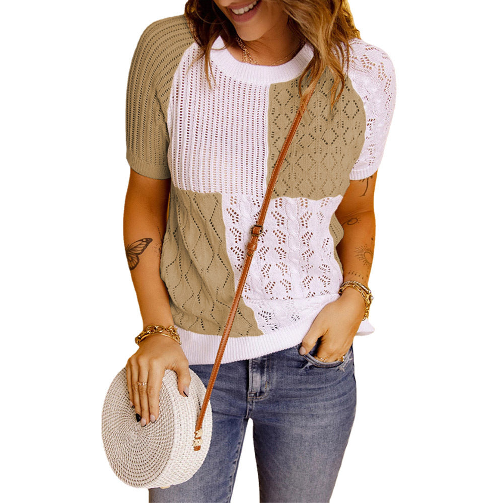 New Fashion European And American Color-blocking Knitted Short-sleeved T-shirt Top Knitted Sweater