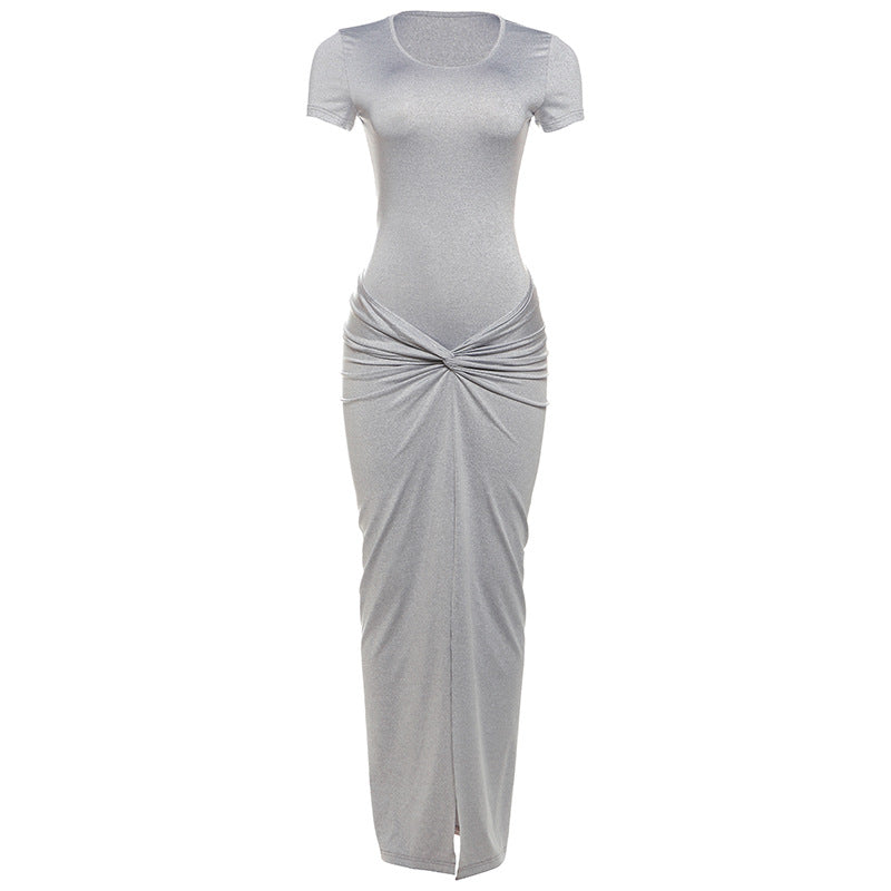 Womens Solid-Color Crew-Neck Slim-Fit Sexy Slit Dress