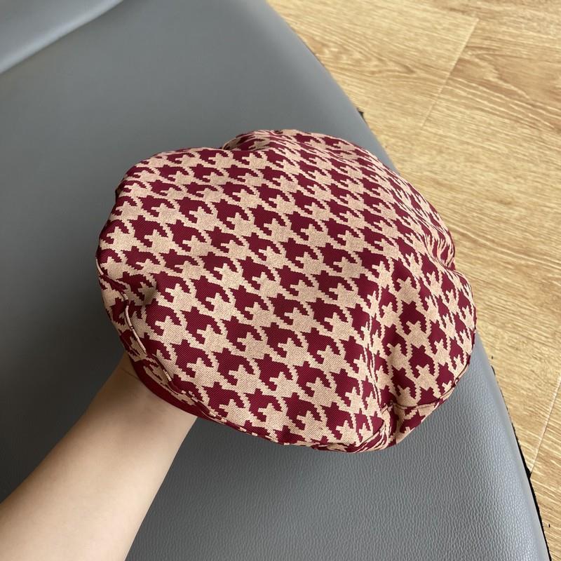 Women's British Style Houndstooth Plaid Flat Top Beret