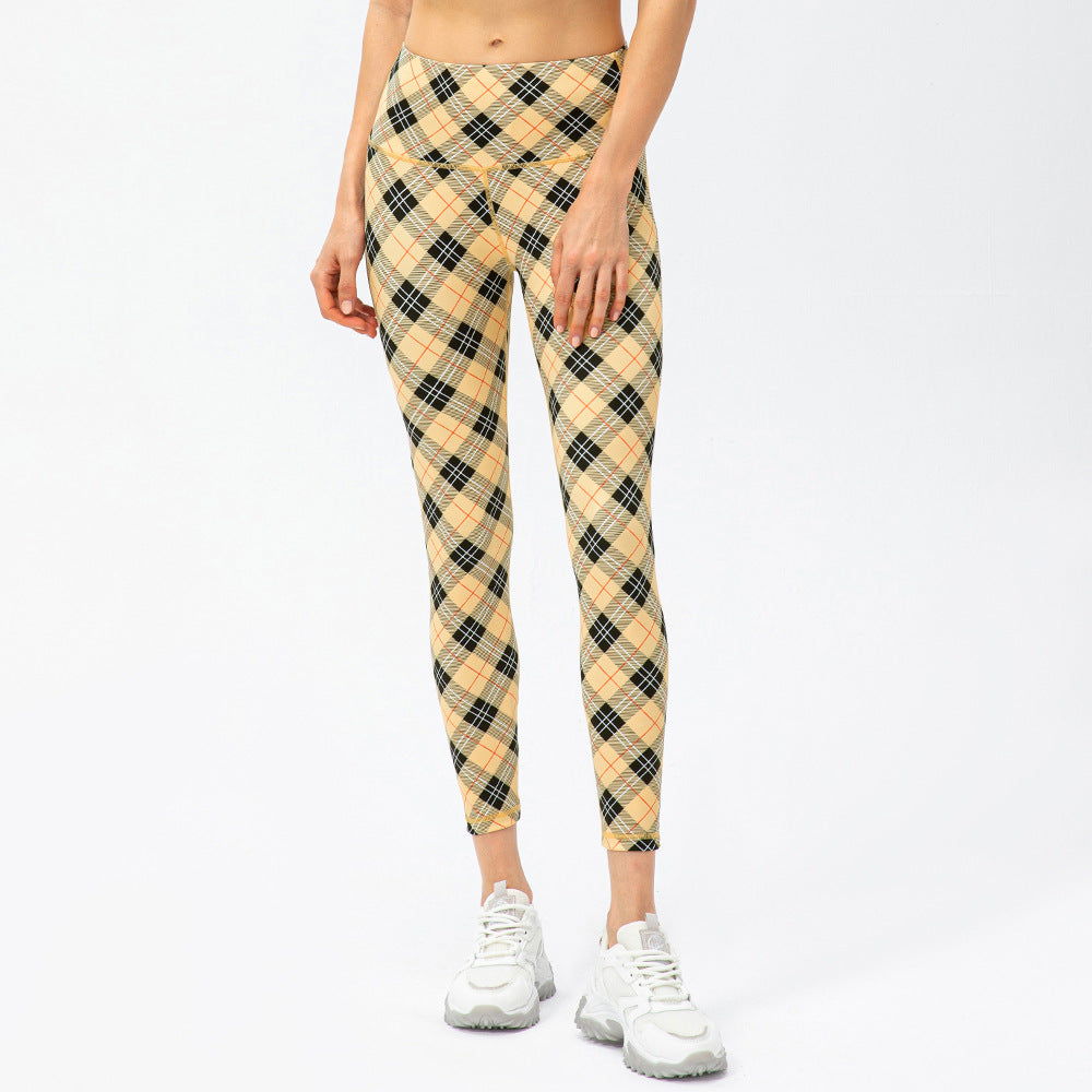 Women's Houndstooth Yoga Trousers Nude Feel High Waist Peach Hip Tight Running Exercise Pants Plaid Elements