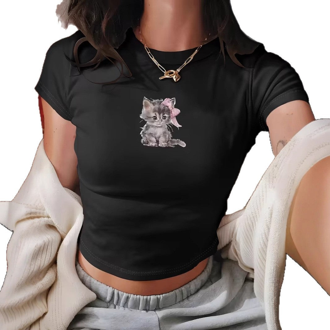Short Slim-fit T-shirt With A Kitten Print