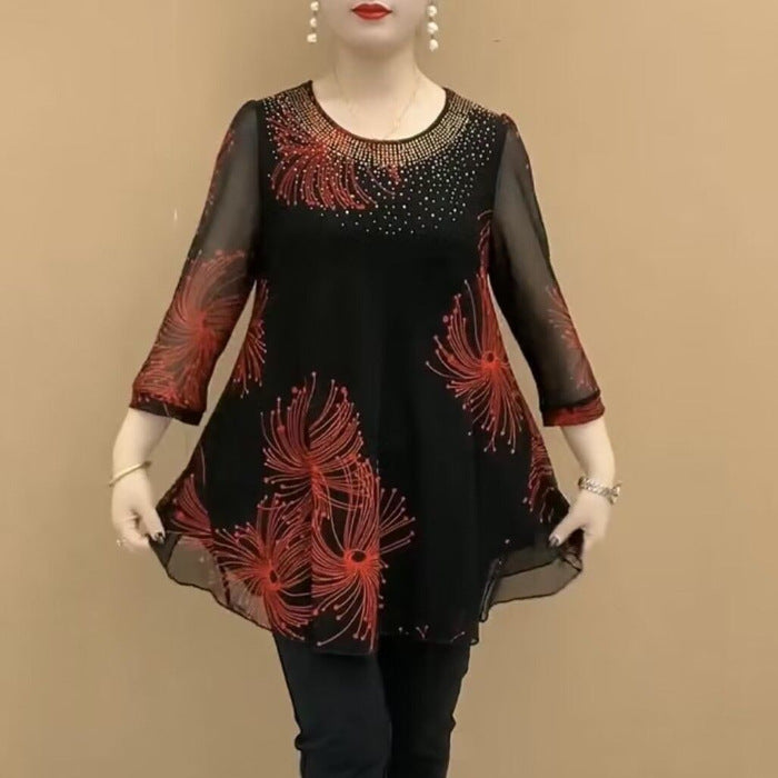 Three-quarter Sleeve Mesh T-shirt High-end Shirt Middle-aged Mom Summer Round Neck Half-open Collar Hollow Out