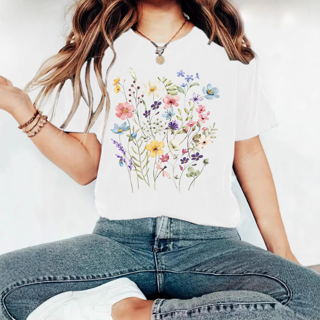 Elegant T-shirt With Floral Print, Women's Short-sleeve