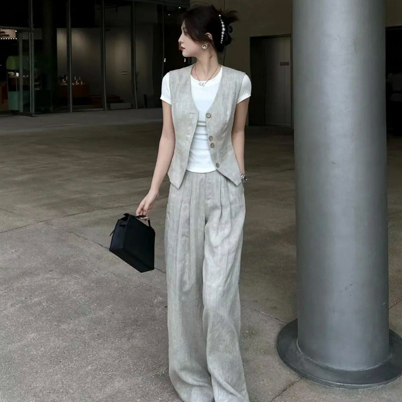New Temperament Vest Short Jacket Top Casual Straight Wide-leg Pants