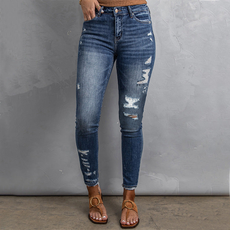 Casual Dame Højtaljede Jeans med Rå Kanter og Vasket Look