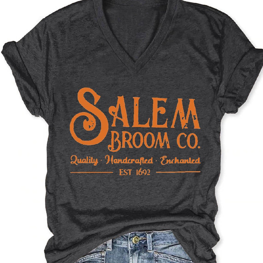 V-hals T-shirt til kvinder - Halloween Salem Broom Company