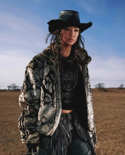 Totem-embroidered Snake-pattern Feathered Eco-friendly Faux Fur Coat