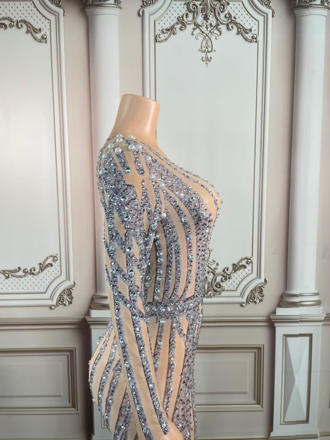 Catwalk Rhinestone Fringed Mesh Stretch Bodysuit