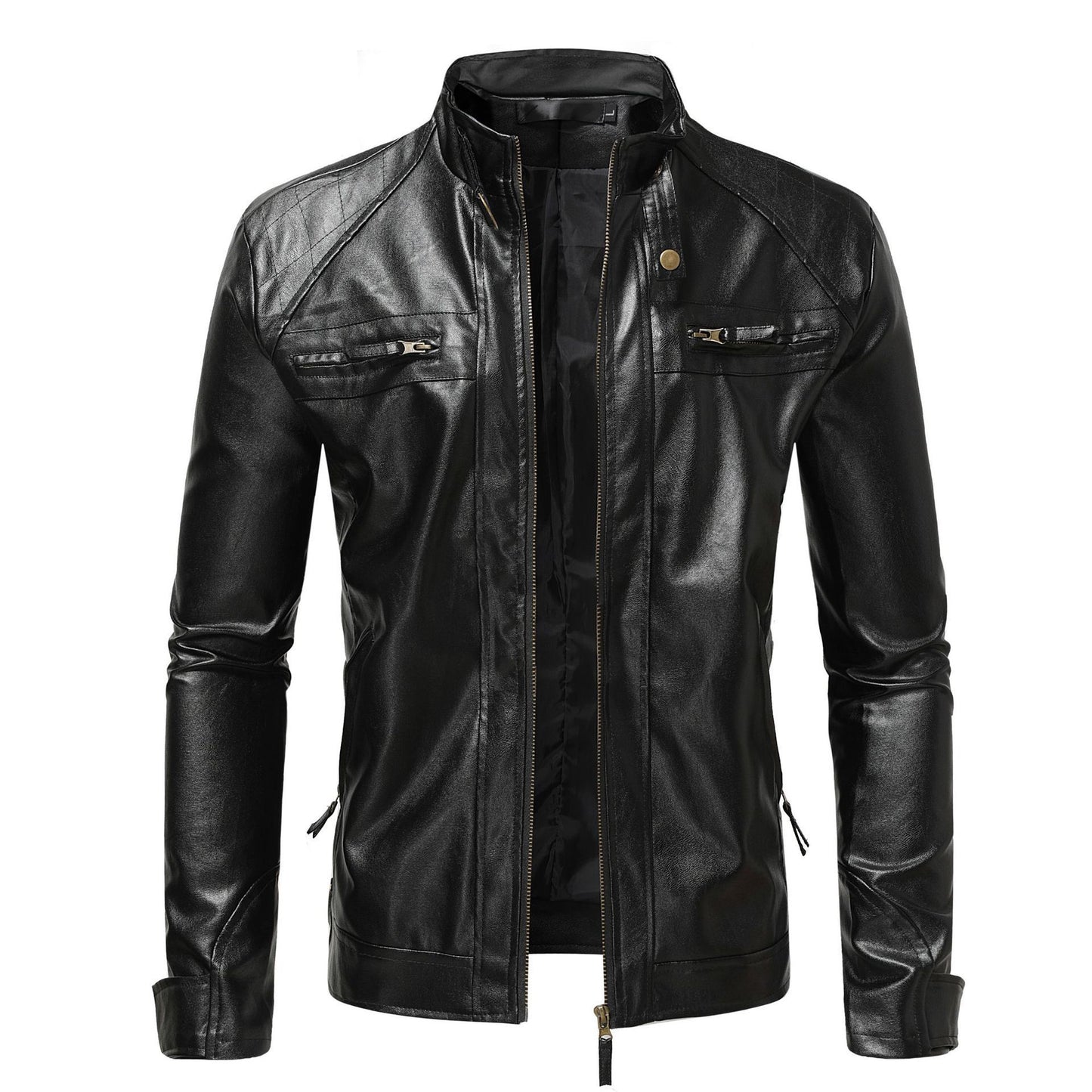 Men's Leather Coat Stand Collar Double Zipper