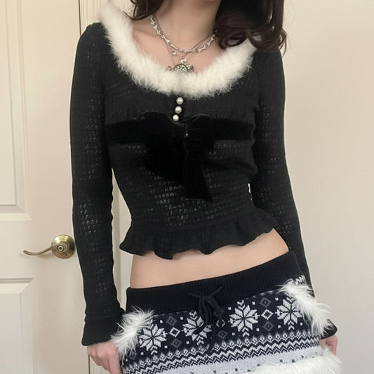 Solid-color Long-sleeve Top With A Fur-trimmed Bow