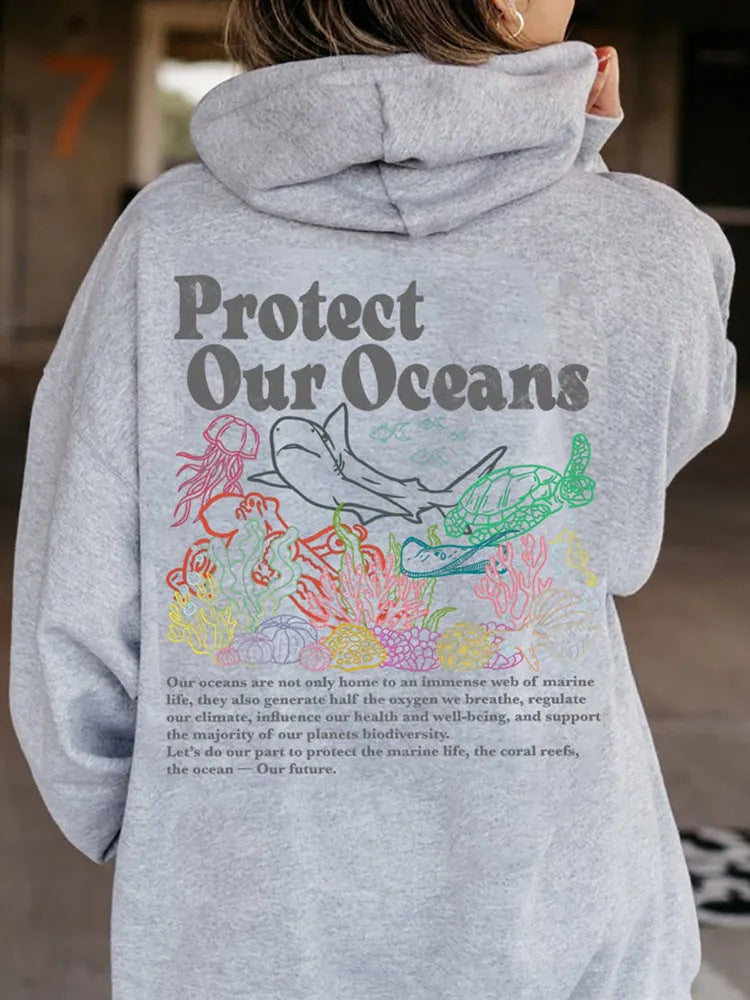 Sweater til kvinder, løs pasform, Protect Our Oceans hættetrøje