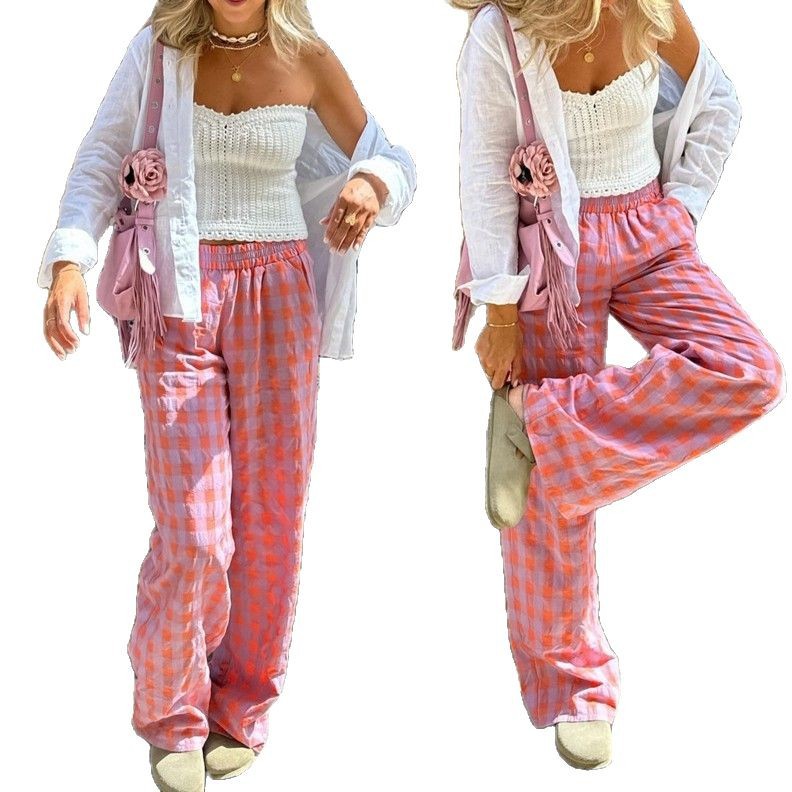 Straight High Waist Plaid Wide-leg Trousers
