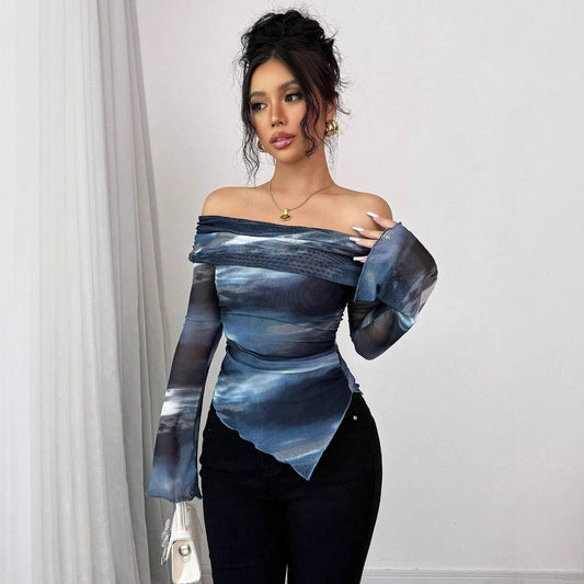 Strikket Mesh Printet Off-shoulder Krave Langærmet Figursyet T-shirt