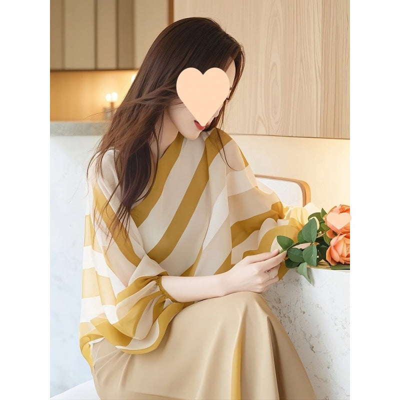 Yellow Top French High-end Striped Chiffon Three-quarter Sleeve