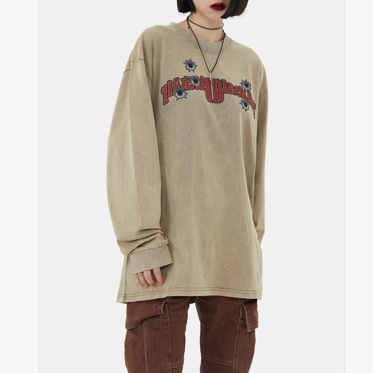 Denim Print Vasket Slidt Løs Langærmet T-Shirt