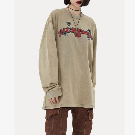 Denim Print Washed Distressed Loose Long Sleeve T-Shirt