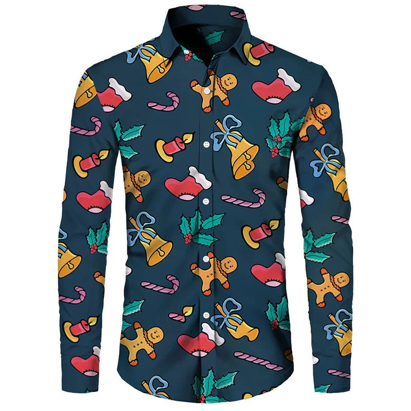 Funny Christmas Theme Digital 3D Printing Men's Button Lining Casual Long Sleeve