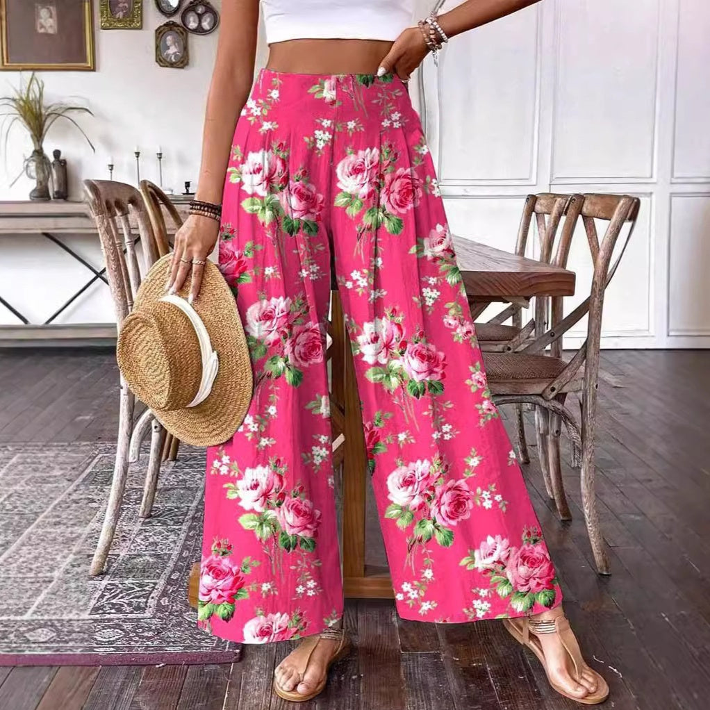 3D Floral Print Pattern Elegant High-waisted Wide-leg Women's Pants