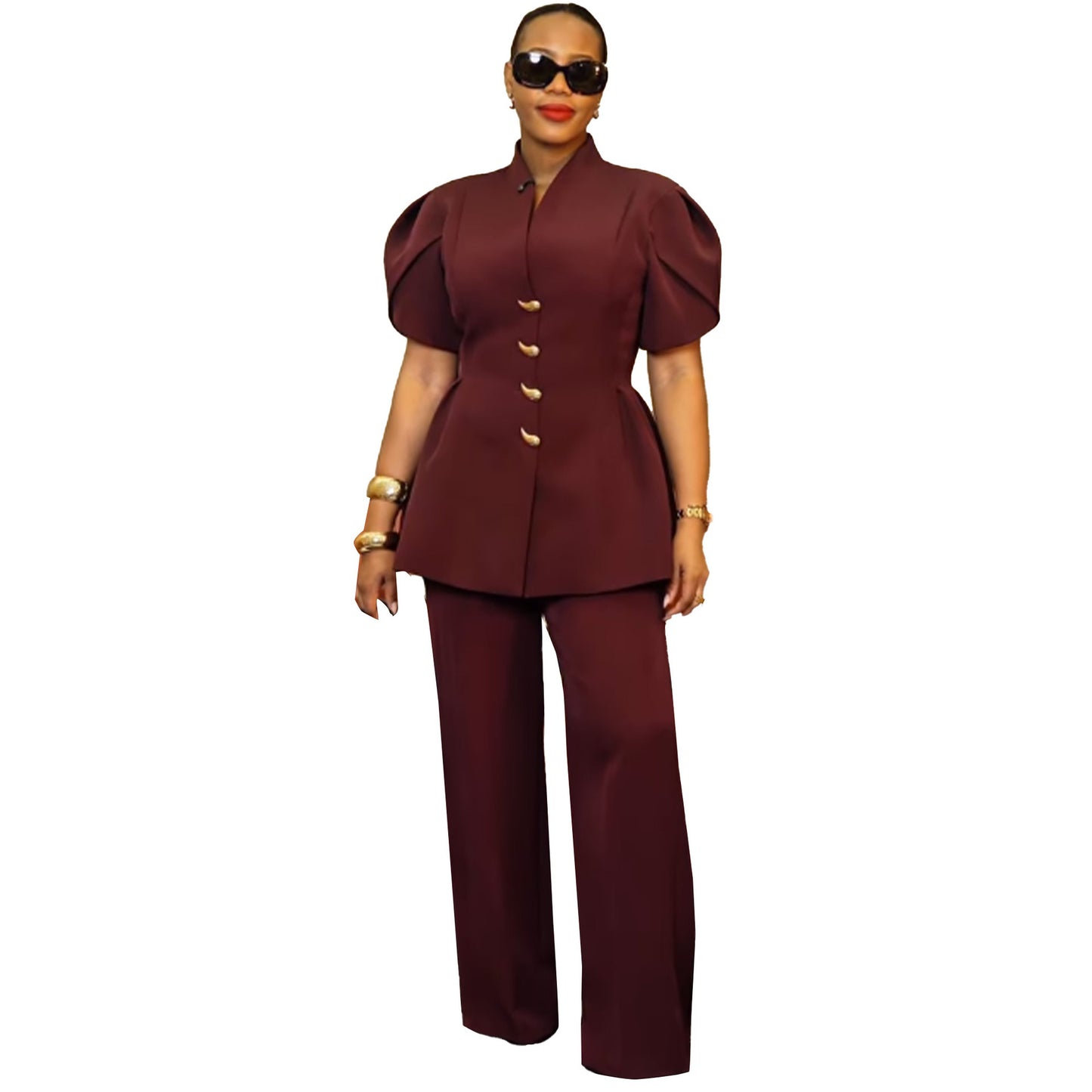 Elegant Commuter Two-Piece Set Womens Top With Bud Sleeves And Pants