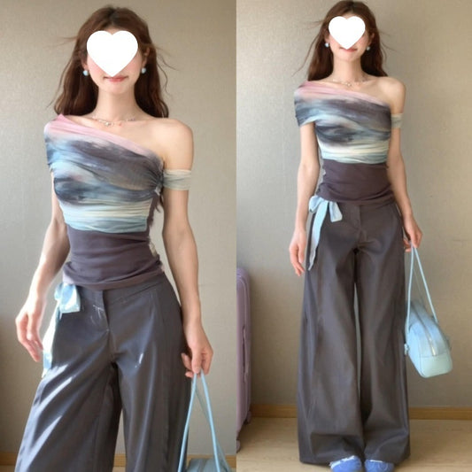 American Hot Girl Style Artistic Blooming Contrast Color Off-shoulder Short Sleeve