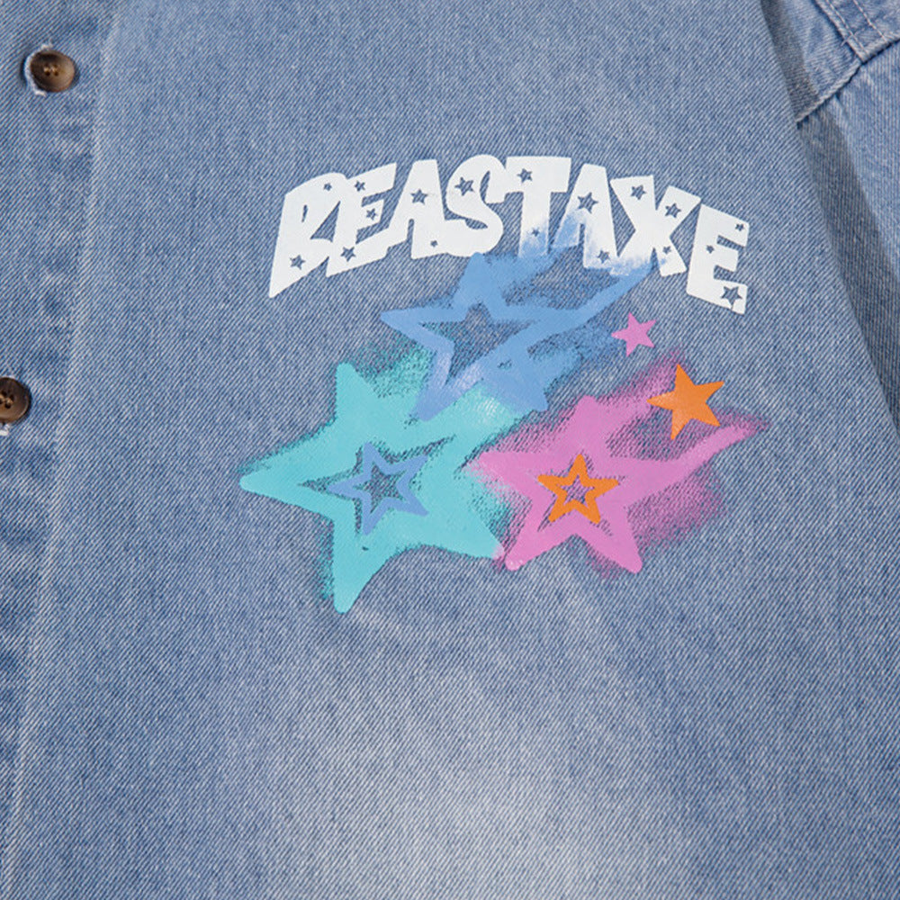 Design Five-pointed Star Graffiti Printing Denim Shirt