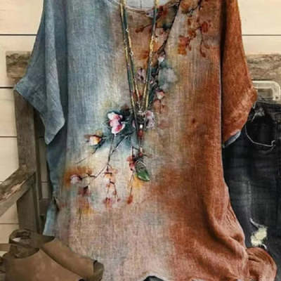 Womens Casual Loose-Fit Fashionable Short-Sleeve Printed Crew-Neck Top