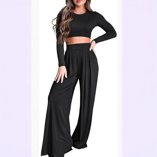 Fall Long-sleeve Midriff-baring Top And Wide-leg Pants Two-piece Set