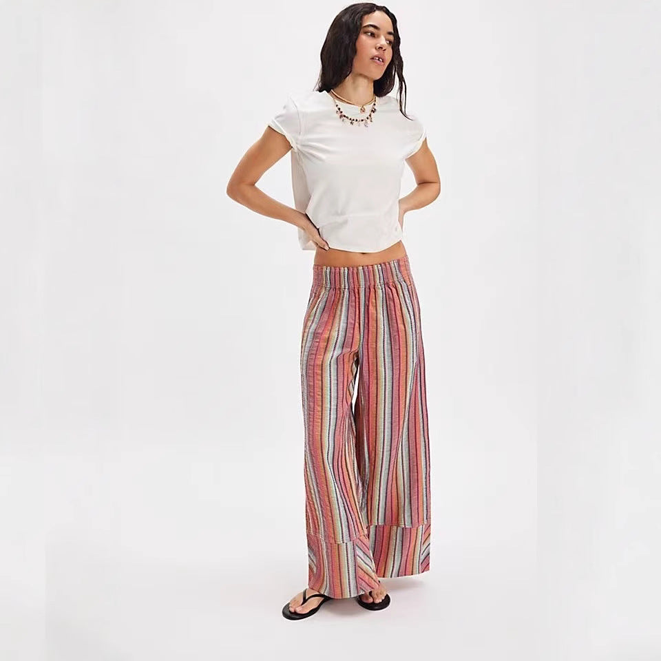 Womens Loose Casual High-waisted Striped Wide-leg Pants
