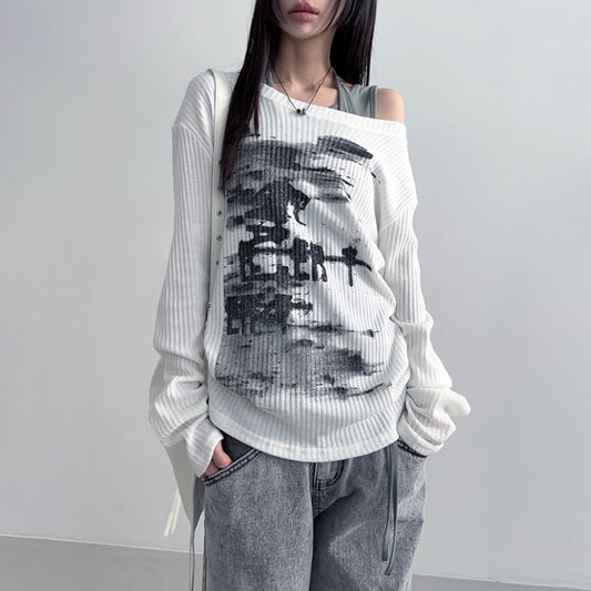 Personalized Distressed Print Diagonal Collar Loose Long-sleeve Women's Top