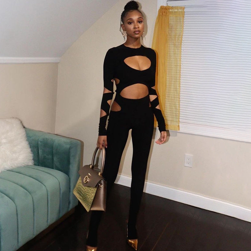 Leisure Openwork Navel Exposed Long Sleeve Slim Conjoined Trousers