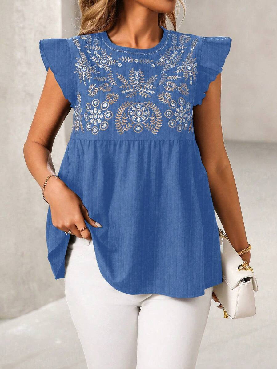 Ethnic Style Embroidered Straight Shoulder Flutter Sleeve Fashion Casual Short Shirt