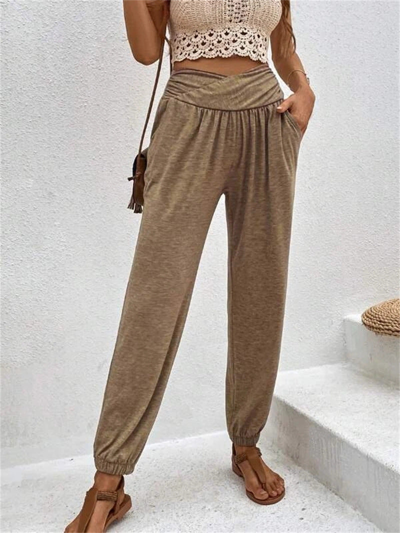 Casual Loose Pocket High Waist Ankle-tied Trousers For Women