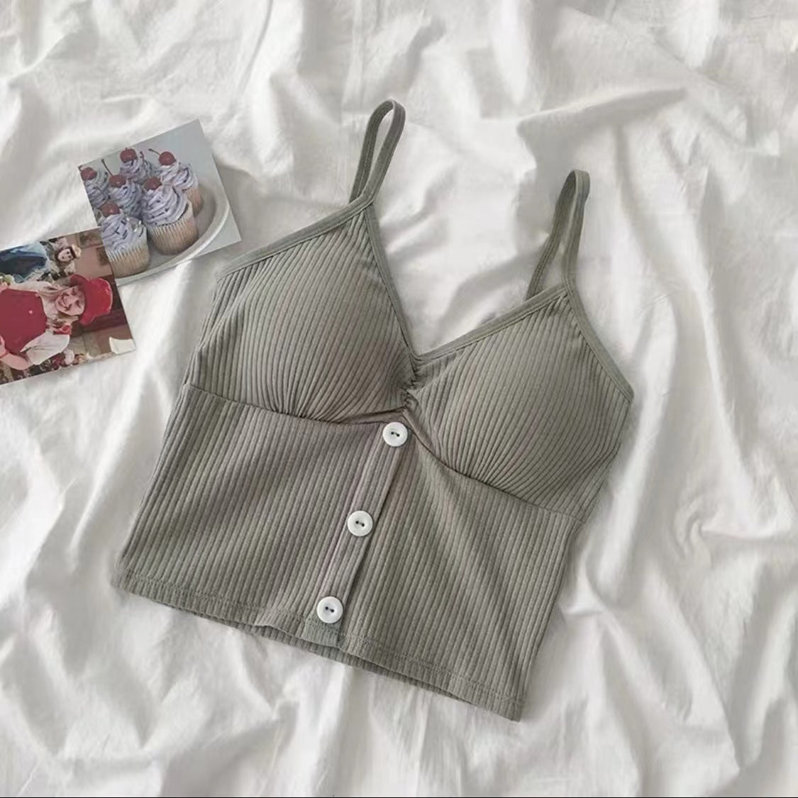 Button Solid Color Camisole Cotton Vest Girl