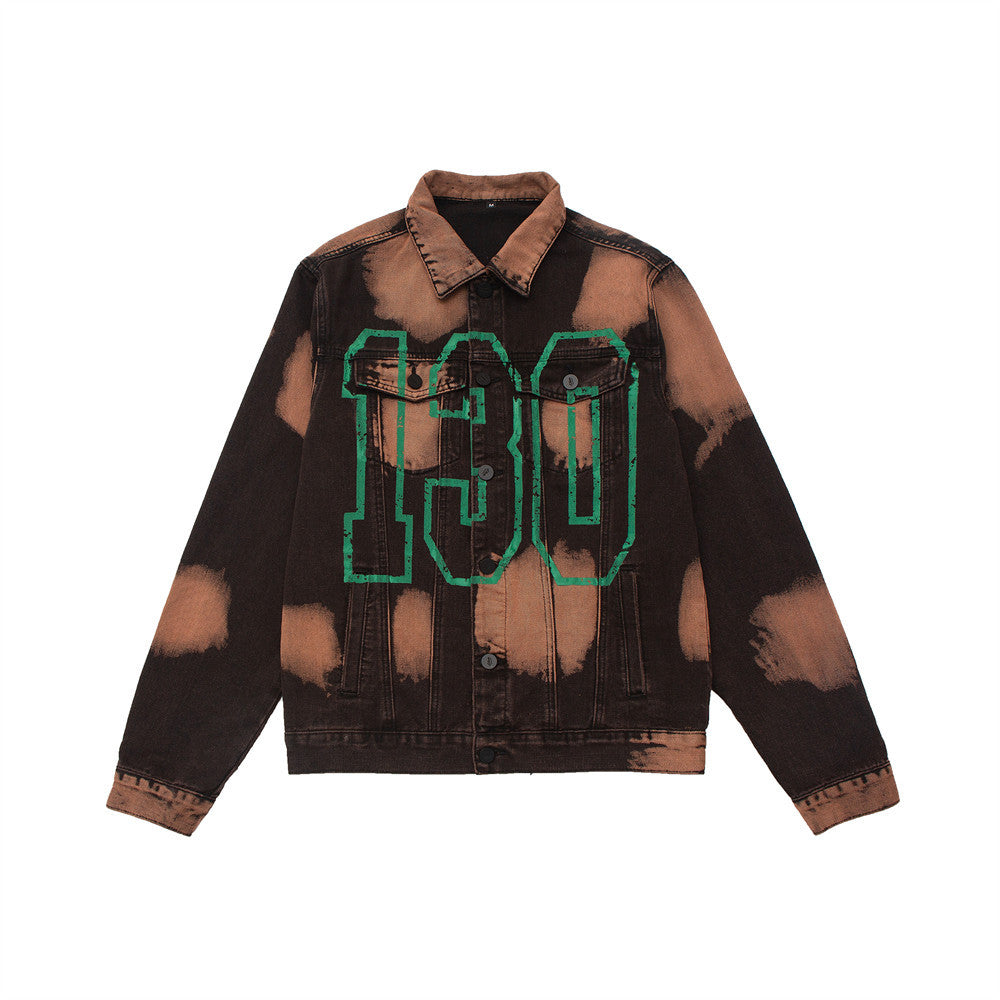 Letter Print Tie Dye Denim Jacket Men's European And American Trendy Brand Loose