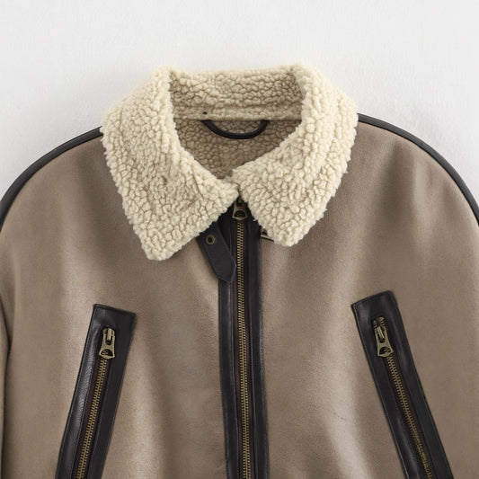 Women's Loose Long Sleeve Lamb Wool Splicing Coat