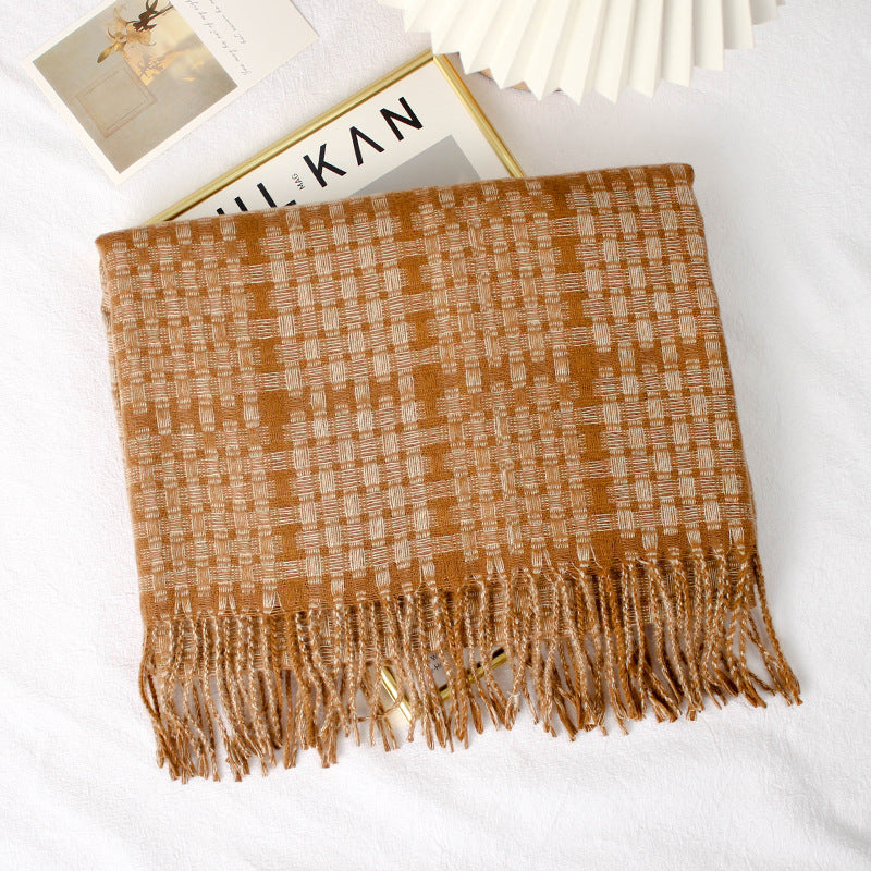 Warm Color Matching Plaid Fringe Long Shawl Scarf